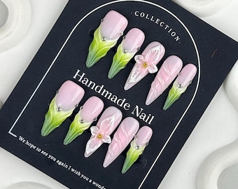 Pink Nail,Green Nail,Nail Press On Flower,Nail Handmade,Acrylic Press On,Nail Art,Nail Polish,Gift For Her
