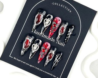 Nail Art,Nail Polish,Nail Press On Diamond,Nail Handmade,Nail Gem,Red Nail Black Nail,Gift For Her
