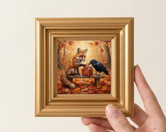 Olieverfschilderij van een vos en een raaf, klein ingelijst canvas kunstwerk met houten lijst.