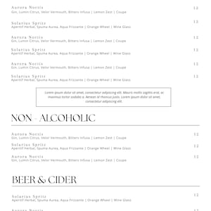 Nowoczesny szablon menu koktajli, wina i piwa | Menu Canva 8,5x11 | Eleganckie menu baru | Edytowalny projekt cyfrowy do druku