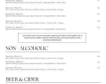 Modern Cocktail, Wine & Beer Menu Template | 8.5x11 Canva Menu | Elegant Bar Lounge Menu | Editable Printable Digital Design
