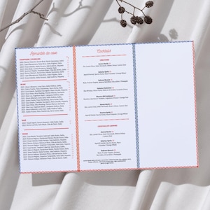 Carte de bistro français et carte de cocktails aux vins | Paysage 8,5 x 11 | Drapeau français coloré | Titres cursifs | Toile modifiable
