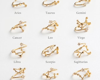 Anillo ajustable de 12 constelaciones, anillo zodiacal chapado en oro de 18 quilates con circonitas cúbicas, delicado anillo abierto apilable, regalo de joyería astrológica minimalista