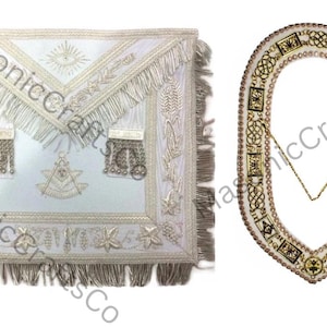 Handcrafted Masonic Master Mason Apron & Collar Set – Silver Bullion Embroidery – Freemason Regalia with Fringe