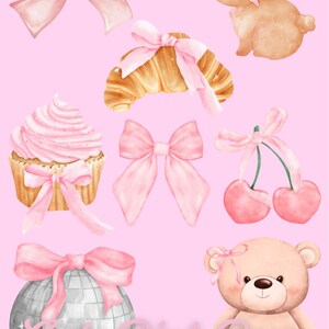 May include: A collection of cute pink bow themed illustrations, including a cupcake, a croissant, a bunny, a teddy bear, a disco ball, and cherries.