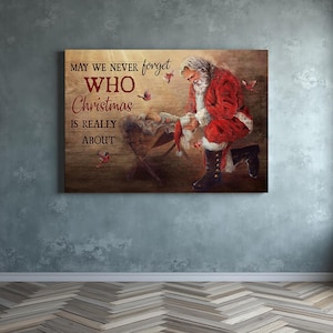 Kerstman knielend bij de kribbe Kerst muurkunst - Gedenk aan Jezus geboortescène met kardinalen - Jezus landschap canvasafdrukken christelijk decor