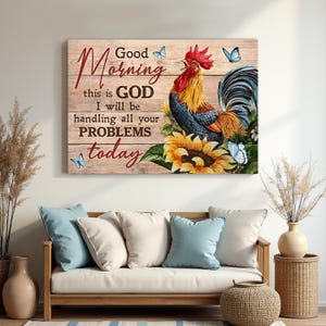Rustic Farmhouse Wall Decor, Rooster and Sunflower Art, God Quote Canvas, Morning Blessing Sign Art, Jesus Landscape Canvas Prints