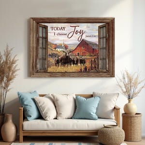 Boerderij vreugde kunst aan de muur, rustieke schuur raam canvasafdruk, herfst landschap koe scène, Jezus landschap canvasafdrukken, christelijk huisdecor teken