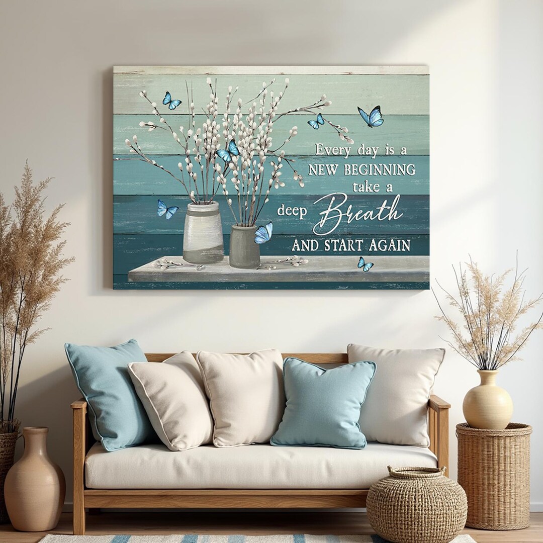 Inspirational Blue Butterfly Wall Art With Rustic Floral Vase ...