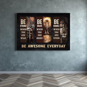 Lion of Judah Wall Art, Be Strong Brave Humble Inspirational Canvas, Jesus Landscape Canvas Prints, Christian Warrior Home Decor, Wall Art