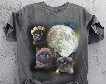 Three Cats Moon Funny Graphic T-shirts, 90's Vintage Retro Cat Moon Tshirt Cat Lovers, Funny Cat Tee Oversized Washed Tee Weird Meme T Shirt