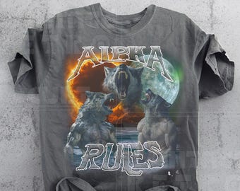 Alpha Rules Wolf Vintage Graphic T-Shirt, Retro 90's Howling Wolves Moon Shirt Meme Tee Grunge Clothing Aesthetic EMO Silly Shirts Oversize