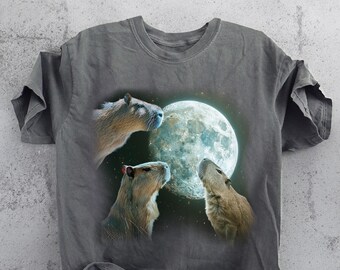 Three Capybara Vintage T-shirt, Retro Graphic Capybara Moon Tshirt, Capybara Lovers, Funny Capybara Tee Oversized Washed Tee Meme shirt Gift