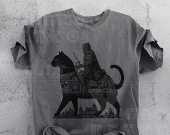 Knight Cat Rider Vintage Graphic T-shirt, Retro 90s Shirt, Dark Art, Medieval Shirts, Funny Graphic Tee, Funny Cat, Meme Shirts Gift For Him