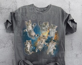 Cats Floating In Galaxy Funny T-shirts, 90's Vintage Retro Cat Moon Tshirt, Funny Cat Meme T Shirt, Kitten Lovers Tee, Trippy Graphic Shirts