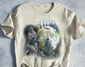Alpha Wolf Howling Vintage T-Shirt, Retro 90's Wolves Moon Graphic Shirt Meme Tee Grunge Clothing Aesthetic EMO Silly Wolf Oversize Unisex