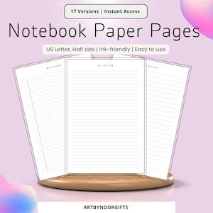 Printable Notebook Pages – Lined, Dot and  Grid Paper for Note Taking A4/A5/Letter/Half Size Instant PDF Download