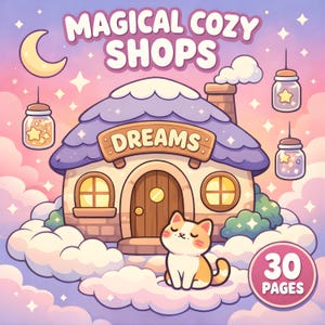以下が含まれることがあります： 「MAGICAL COZY SHOPS」と「DREAMS」のテキストが入った、居心地の良いお店の気まぐれなイラスト。紫色の屋根、木のドア、かわいい猫がいる家が描かれています。背景は、星、月、星の入った瓶がある夢のような空です。