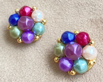 CANDY LOOK 60's Vintage Earrings, Colorful Pearly Clip On Earrings,  Purple & Green. Comfortable, Lightweight, Retro 50's Style, Feminine