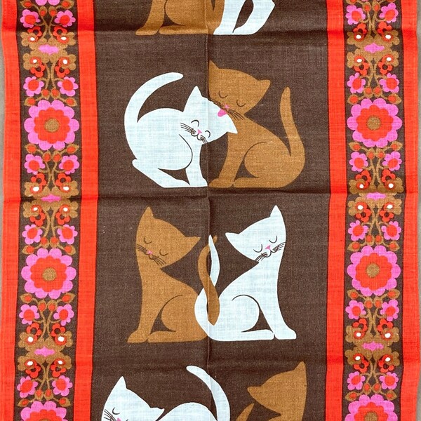 RARE Vintage Linen Ulster Tea Towel, The Wooing, 1960s Mod Floral with Cat Love Story, Amazing Graphics Red Pink, NEW WiTH TaGS