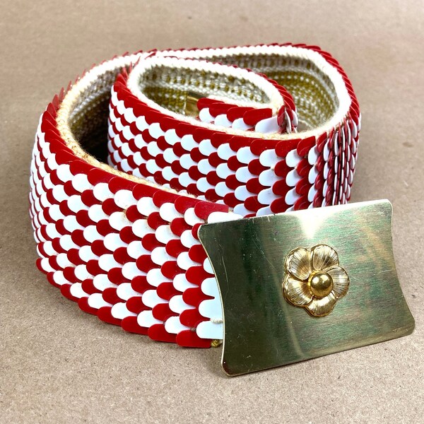 Vintage 80s Red and White Stretch Belt, Metal Snake Belt, Red Metallic Disco Belt/ FREE SHIPPING /  Small