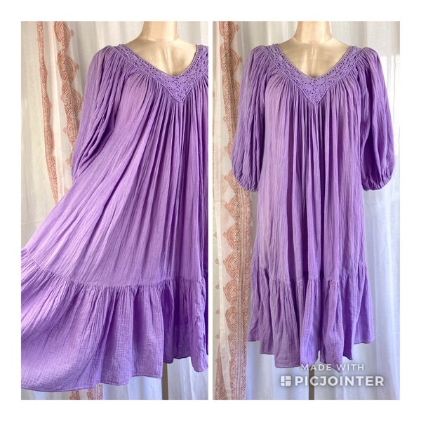 70s 80's Mexican Cotton Gauze Dress with Crochet Neckline, Lavender Purple Cotton Boho Dress with Full Sleeves /FREE SHiPPING/ M L Fits most