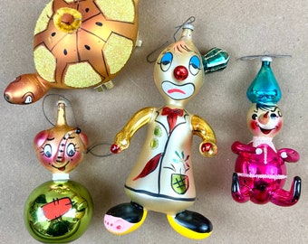 Vintage DeCarlini Glass Christmas Ornaments, MCM 50s 60s Hand Blown Italian Pinocchio, Hobo Clown, Turtle  //FREE SHIPPING /Set of Four