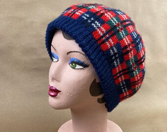 Vintage Wool Beret, Tam, 70s Pendleton Red and Blue Stripe Knit Beanie //FREE SHiPPING// Winter Hat, Pure Wool