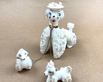 Vintage 50s Poodle Family with Puppies on Chains, 50s Spaghetti Poodle Family with ORIGINAL Chains, Lipper and Mann / FREE SHIPPING //
