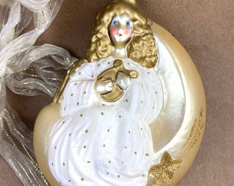 Glass Celestial Angel Christmas Ornament, Adler Blown glass Angel on Moon, Germany, with Ribbon  //FREE SHIPPING