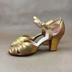 Vintage 1930s Gold High Heel Shoes: Ankle Strap, Size 5.5 Narrow