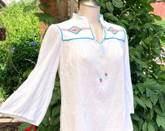 Vintage 80s White Gauze Shirt, Light Cotton gauze Boho Top, Embroidered 70s Style Tie Neck  /FREE SHiPPING/  Xs S