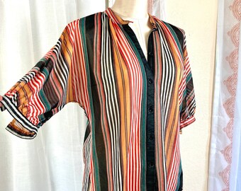 Vintage 70s Striped Shirt, Black and WHite Stripe, Sheer Stretch Knit 70s 80s Blouse, Lightweight Short Sleeve Blouse, Size Small Medium