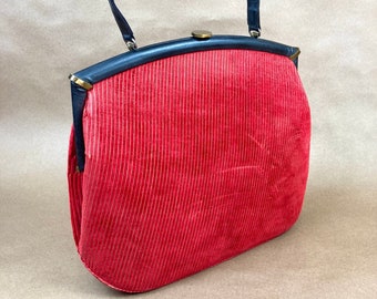 Vintage Red Corduroy Structured Handbag, Red 50s Handbag, Top Handle Purse, Pinup Retro 50s Style by MM // FREE SHIPPING / Large Kelly Bag