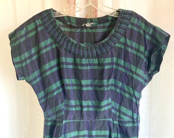 Vintage 50s Dress and Jacket Set,  Navy Blue and Green Plaid Fitted Cotton Dress //FREE SHiPPING// Size Small// AS-iS Sale // Needs Repair