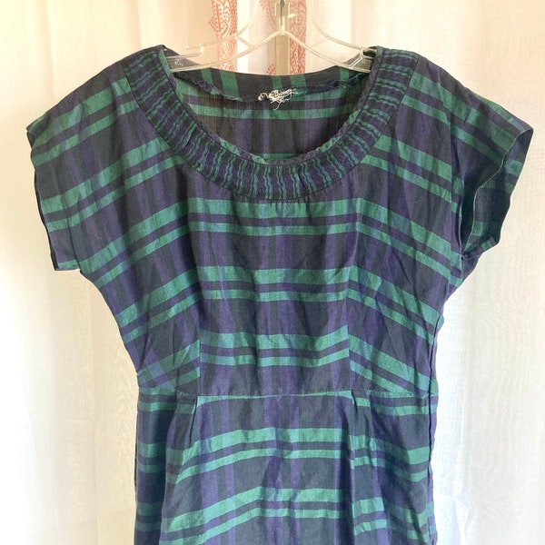 Vintage 50s Dress and Jacket Set,  Navy Blue and Green Plaid Fitted Cotton Dress //FREE SHiPPING// Size Small// AS-iS Sale // Needs Repair