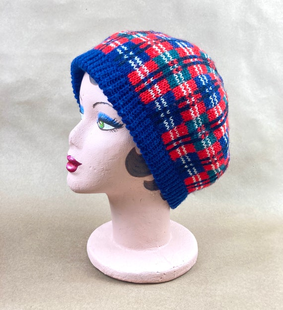 Vintage Wool Beret, Tam, 70s Pendleton Red and Bl… - image 3