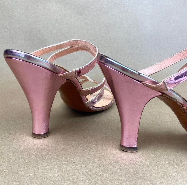 Vintage 50's Pink Metallic High Heels, PinUp GLAM Strappy Slides / FREE SHiPPING / 8 to 9 NARROW / Sexy Pink 50's Rockabilly High Heel Shoes image 5