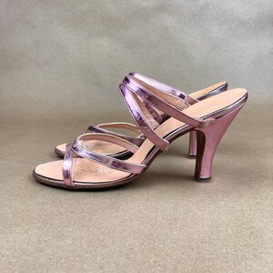 Vintage 50's Pink Metallic High Heels, PinUp GLAM Strappy Slides / FREE SHiPPING / 8 to 9 NARROW / Sexy Pink 50's Rockabilly High Heel Shoes image 1