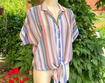 Vintage 70s Striped Shirt, Pink and White Stripe, Pastel Tie Front Shirt, Flowy Lightweight Short Sleeve Blouse, Size Medium / FREE SHIPPING