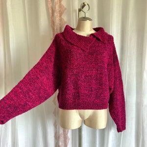Vintage Magenta 80s Sweater, Cozy Cropped Cowl Neck Sweater //FREE SHiPPING// Dolman Sleeve, Boucle, Fuschia, Hot Pink image 1