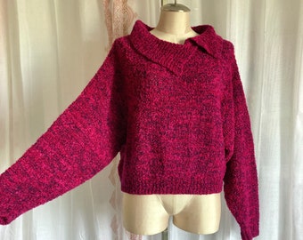 Vintage Magenta 80s Sweater, Cozy Cropped Cowl Neck Sweater //FREE SHiPPING// Dolman Sleeve, Boucle, Fuschia, Hot Pink