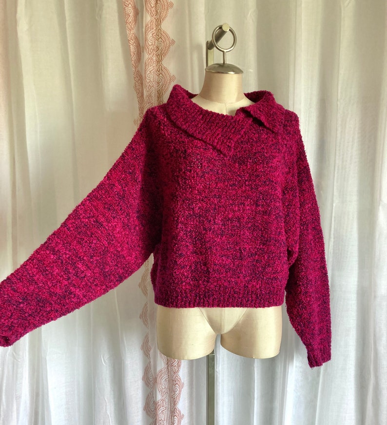 Vintage Magenta 80s Sweater, Cozy Cropped Cowl Neck Sweater //FREE SHiPPING// Dolman Sleeve, Boucle, Fuschia, Hot Pink image 1