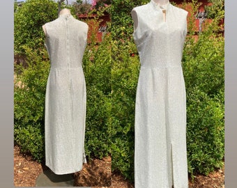 Vintage 70s SILVER Lurex Maxi Dress, Disco Maxidress, Mod Style with High Slit Skirt //FREE SHiPPING// Size Large