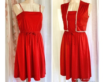 Vintage 70s 80s Red Sundress, Red Polka Dot Disco dress, Stretch Jersey Spaghetti Strap Dress, Matching Lace trimmed Vest, XS Small