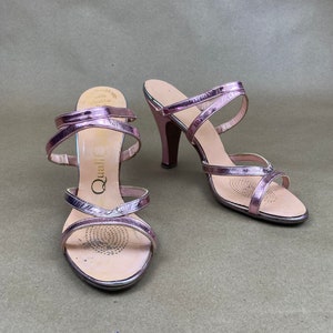 Vintage 50's Pink Metallic High Heels, PinUp GLAM Strappy Slides / FREE SHiPPING / 8 to 9 NARROW / Sexy Pink 50's Rockabilly High Heel Shoes image 2