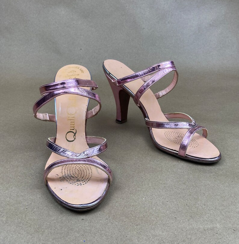 Vintage 50's Pink Metallic High Heels, PinUp GLAM Strappy Slides / FREE SHiPPING / 8 to 9 NARROW / Sexy Pink 50's Rockabilly High Heel Shoes image 2