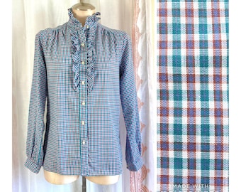Vintage 80s Ruffle Neck Plaid Shirt, Pink Blue Button Up Top with High Neck, Twee, Cottagecore, Victorian //FREE SHiPPING//  Size Sm/Med