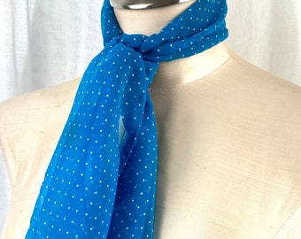 Vintage 70s Sheer Blue Scarf, Turquoise Blue and White Polka Dot Long Sheer Scarf, Mod 60s 70s Vibe / Sheer Neck Scarf, Hair Tie /