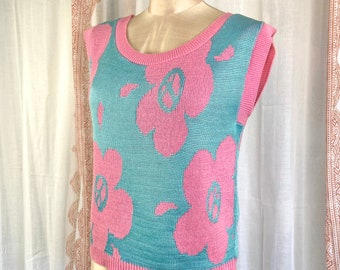 Vintage Mod Sweater Vest, Pink and Aqua Knit Vest with Peace Signs and Daisies, Betsey Johnson Style /FREE SHiPPING //Dopamine Dressing